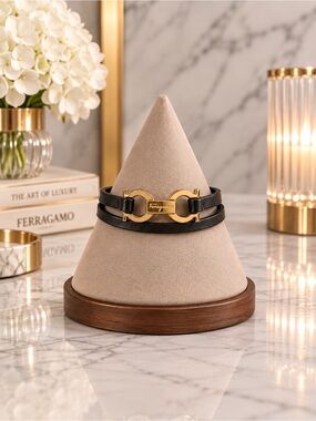 Salvatore Ferragamo Black Leather Double Wrap Gancini Bracelet | Full Inclusion